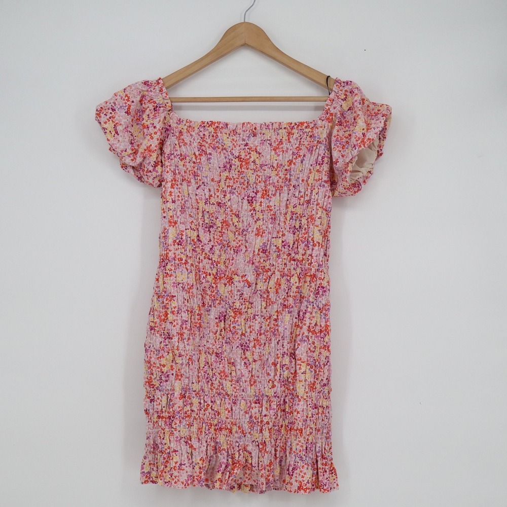 HM Pink Floral Smocked Mini Dress Puff Sleeve Cotton Linen Blend Size M
